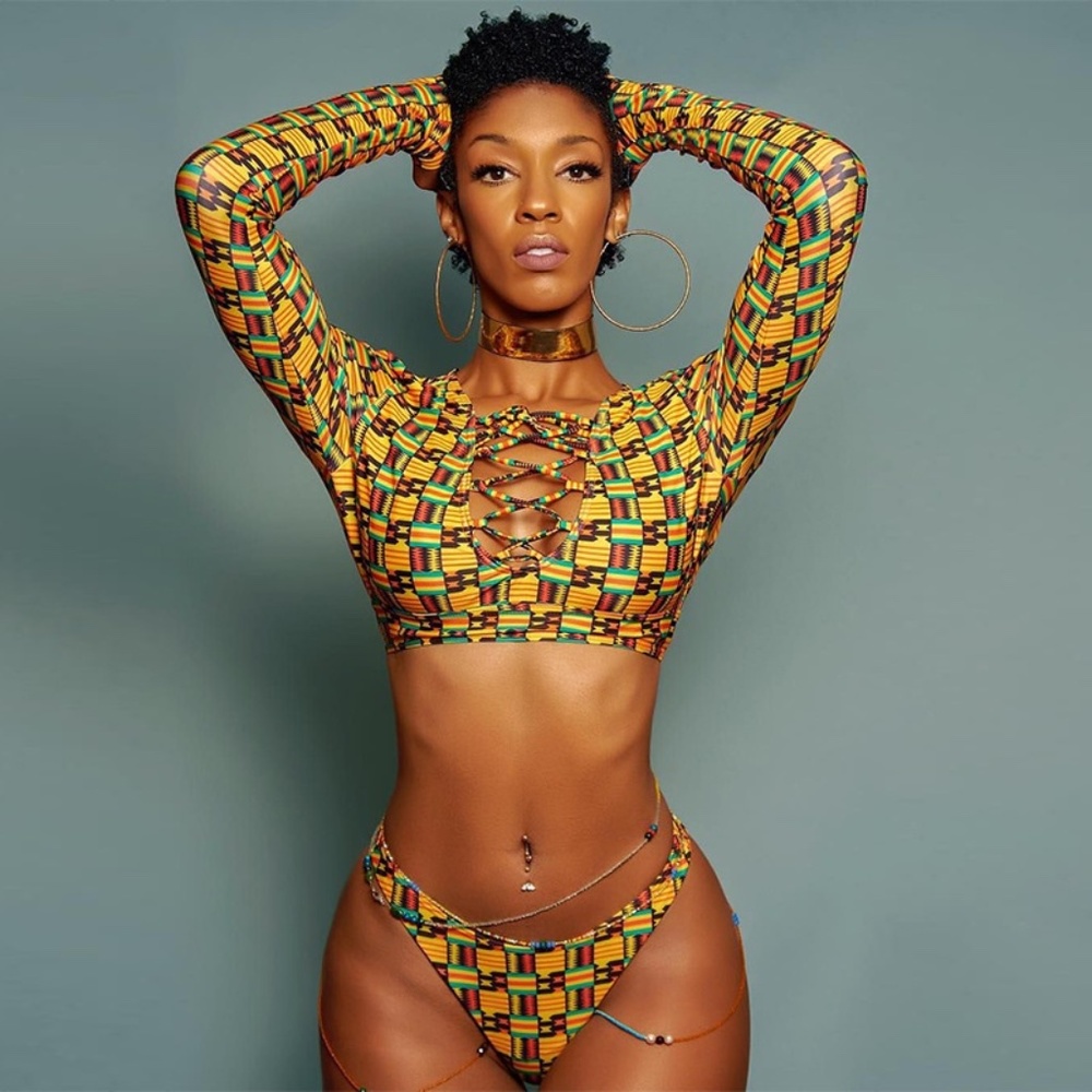 African Print Dashiki Style Ankara Long Sleeve Bikini Swimsuit